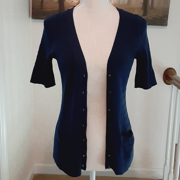 Talbots Navy Cable Knit Buttondown Pima Cotton Cardigan - Picture 5 of 7